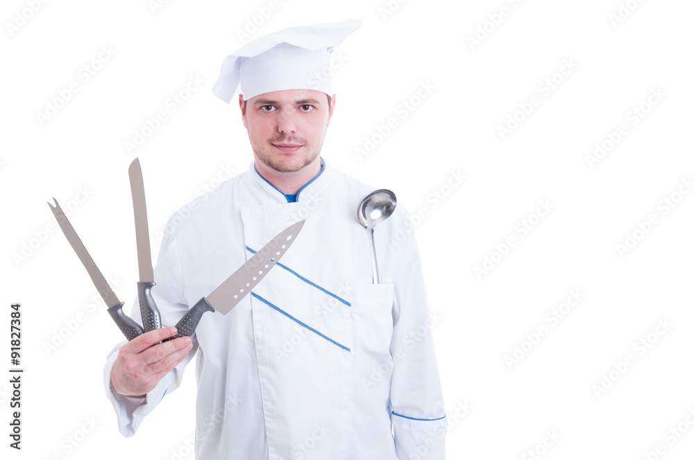 Chef or cook holding professional knives Chef or cook holding professional knives