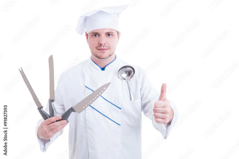 Chef or cook holding professional knives and showing like gestur Chef or cook holding professional knives and showing like gestur