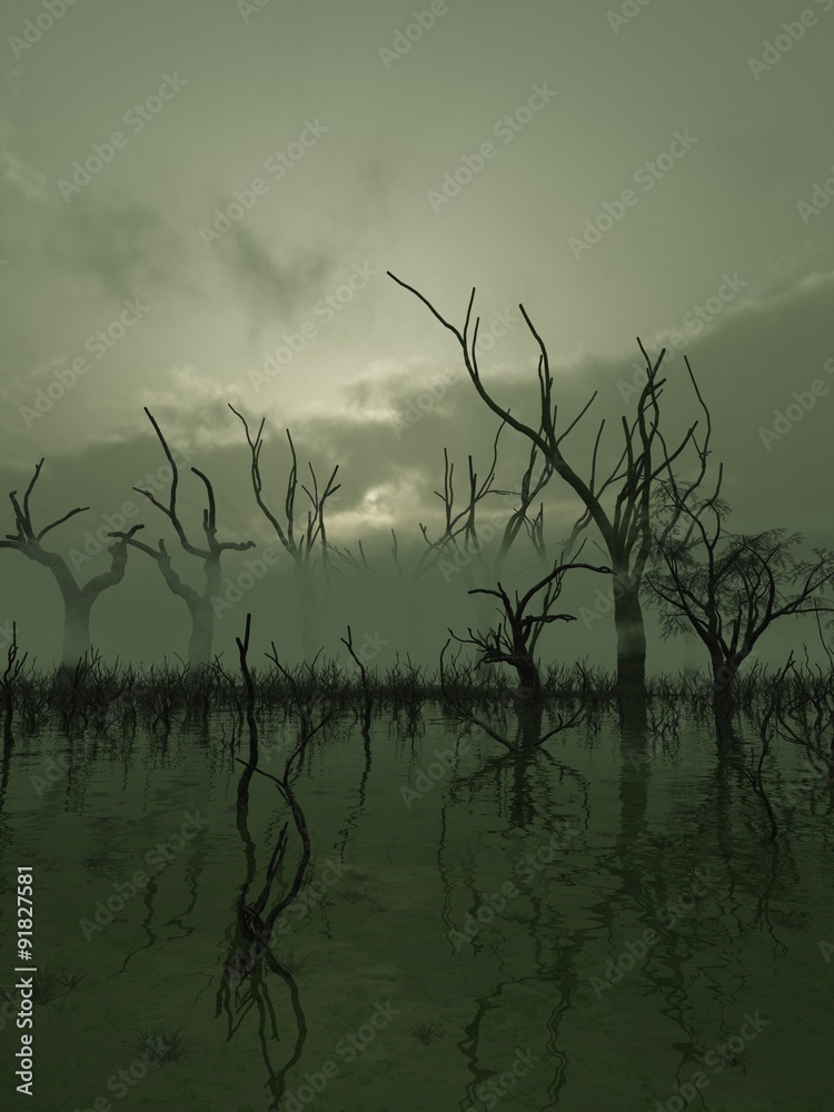 Fototapeta premium Fantasy illustration of a misty swamp with twisted trees standing in the water, 3d digitally rendered illustration