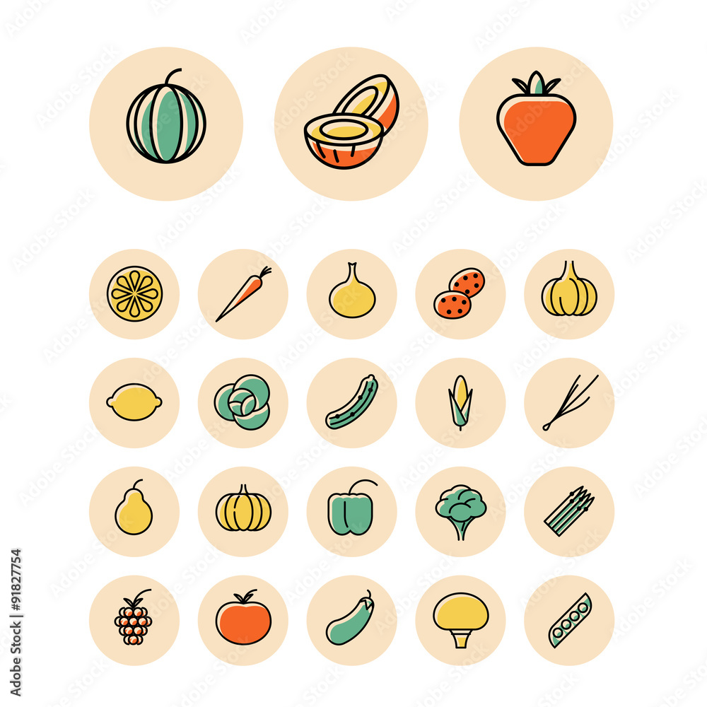 Thin line icons for fruits and vegetables