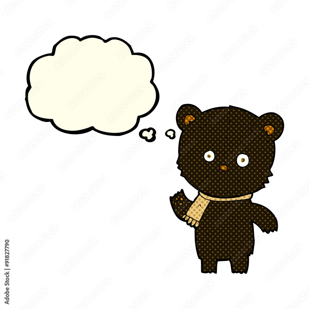 cartoon waving black bear with thought bubble