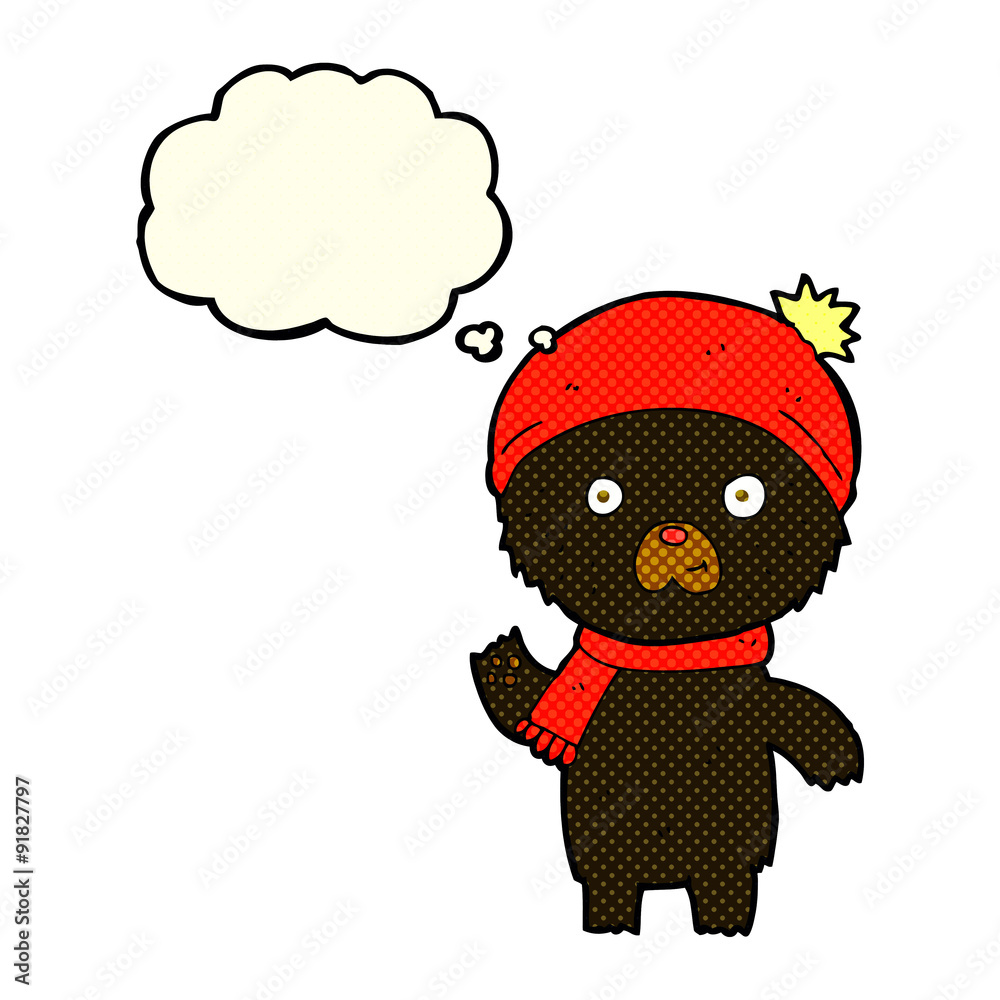 cartoon waving black bear with thought bubble