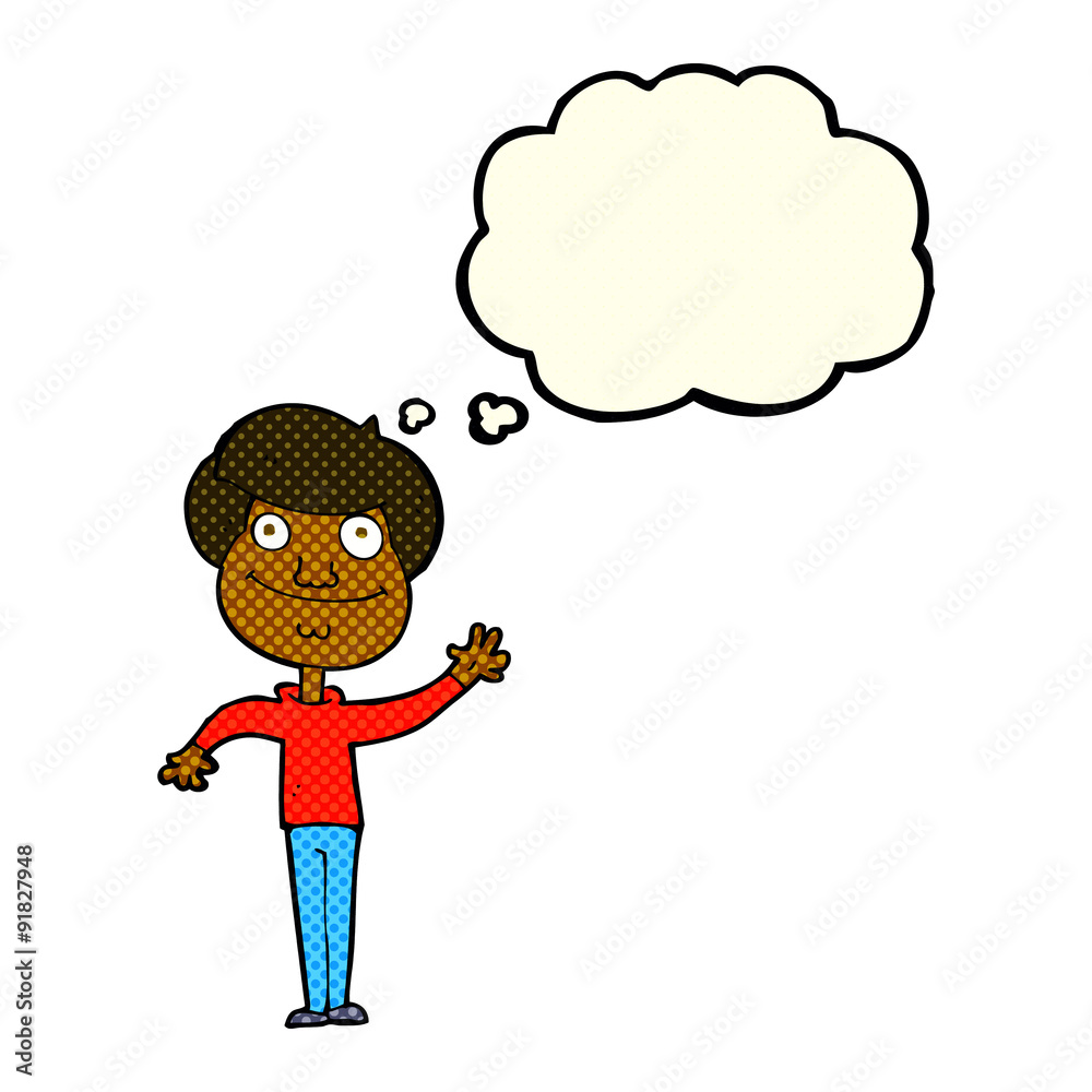 cartoon happy man waving with thought bubble cartoon happy man waving with thought bubble