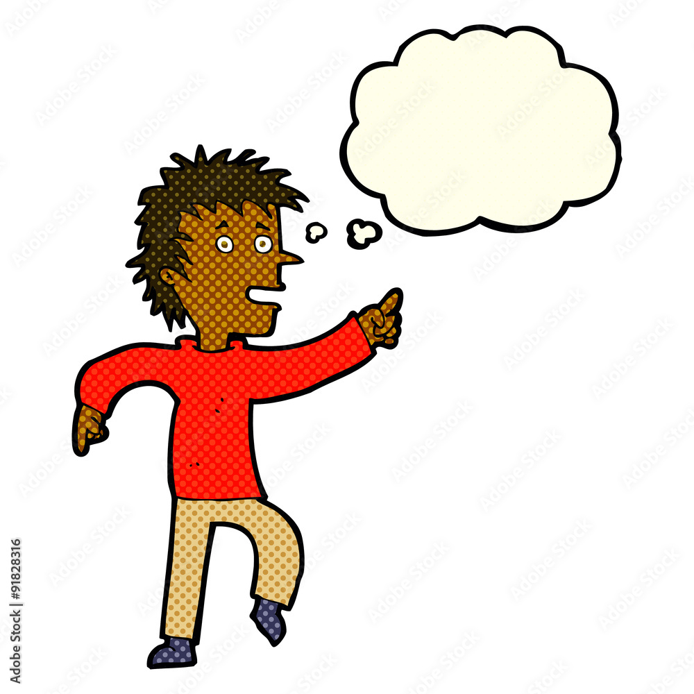 cartoon happy man pointing with thought bubble cartoon happy man pointing with thought bubble