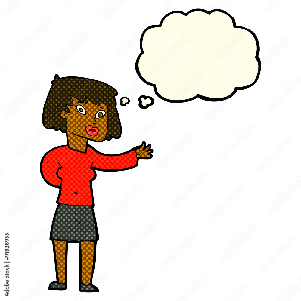 cartoon woman explaining with thought bubble cartoon woman explaining with thought bubble