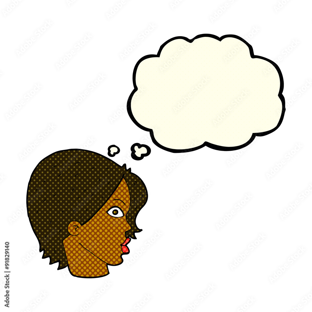 cartoon staring woman with thought bubble