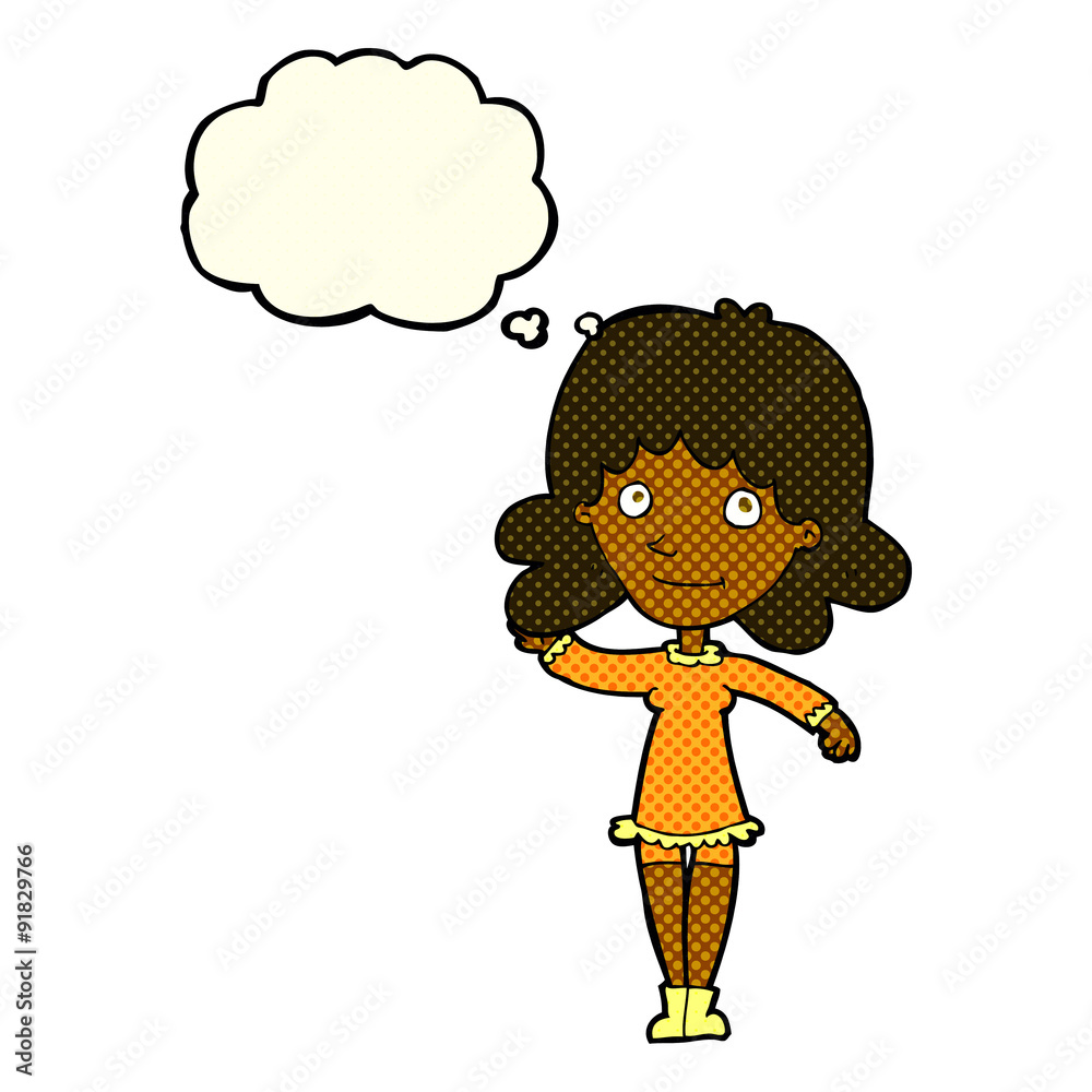 cartoon friendly woman waving with thought bubble cartoon friendly woman waving with thought bubble