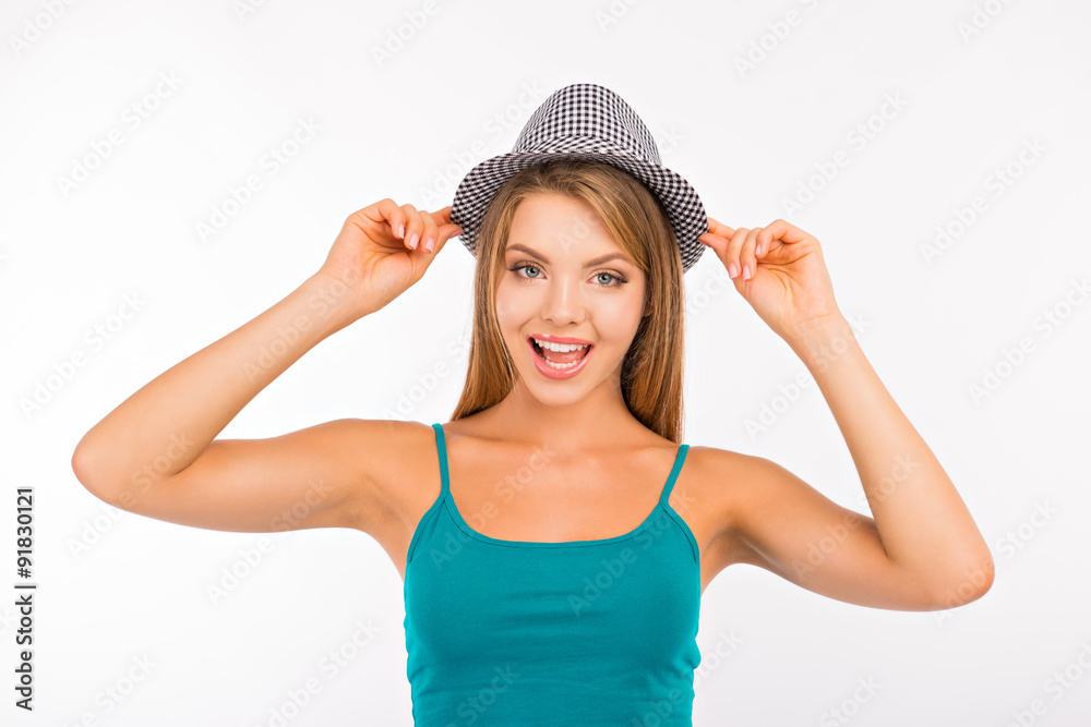 cheerful cute girl with hat smiling cheerful cute girl with hat smiling