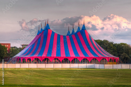 big top festival tent in red blue green