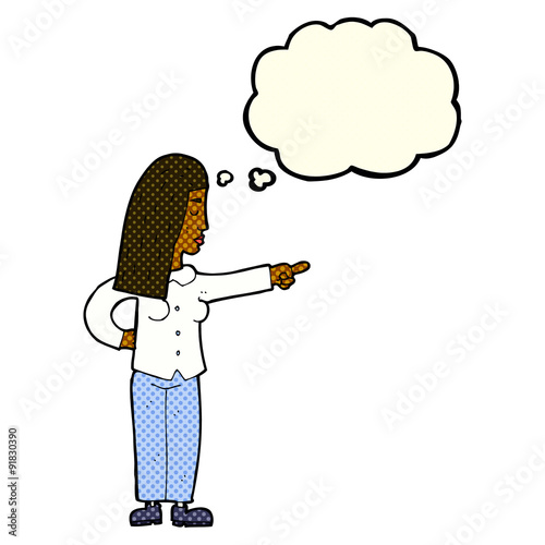 cartoon woman pointing with thought bubble