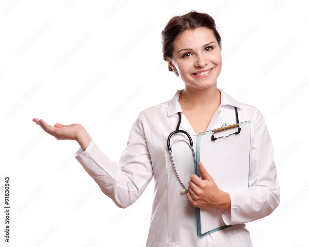 Portrait of young female doctor showing something or copyspase for product or sign text, Portrait of young female doctor showing something or copyspase for product or sign text,