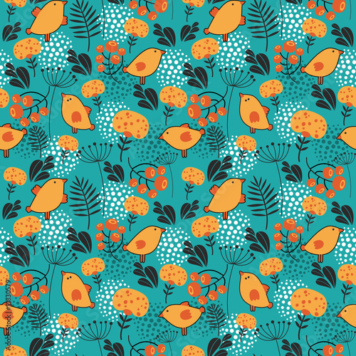 Birds and flowers seamless pattern.