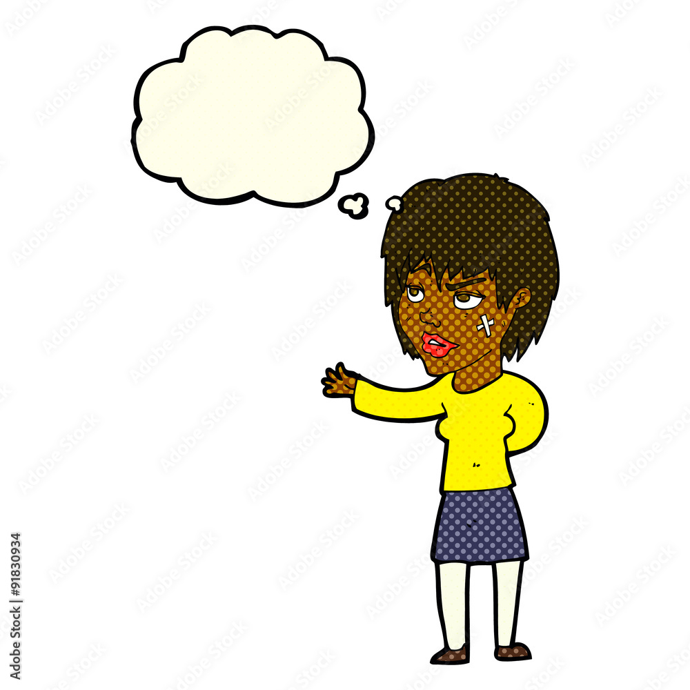 cartoon woman with sticking plaster on face with thought bubble cartoon woman with sticking plaster on face with thought bubble