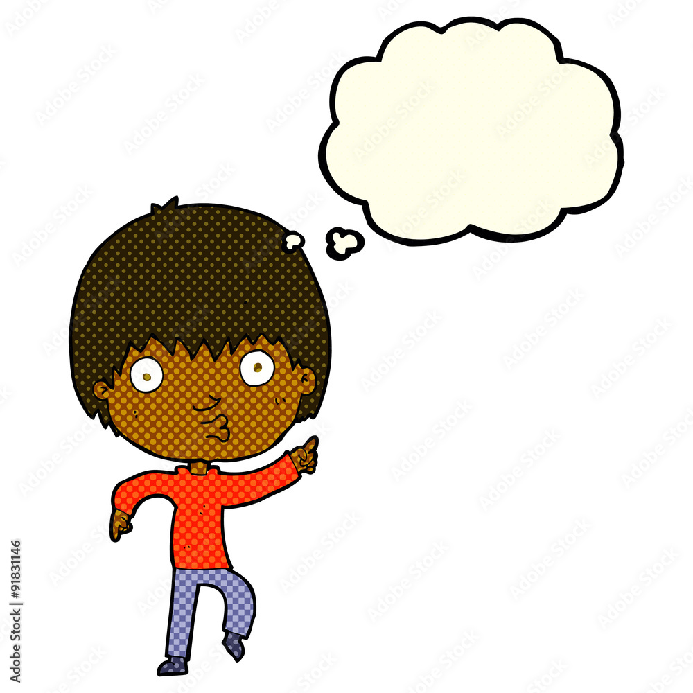 cartoon impressed boy pointing with thought bubble cartoon impressed boy pointing with thought bubble