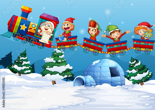 Santa and elf riding on train