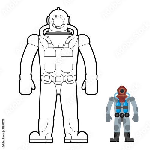 Old wetsuit coloring book. Diver in an old suit for scuba diving