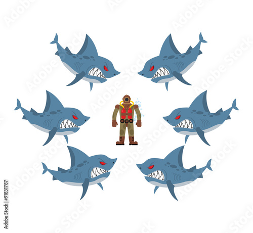 Angry sharks surrounded man in old diving suit. Fear, hopeless s