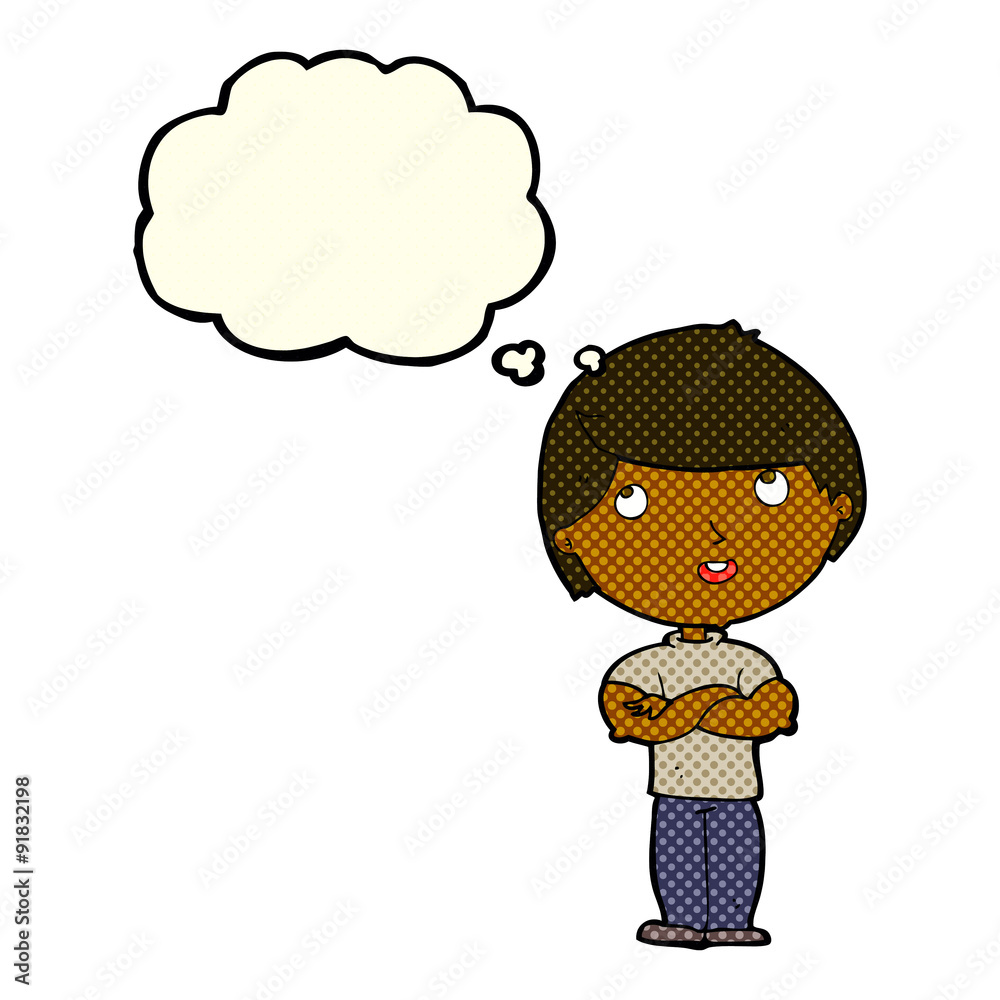 cartoon happy man with folded arm with thought bubble cartoon happy man with folded arm with thought bubble