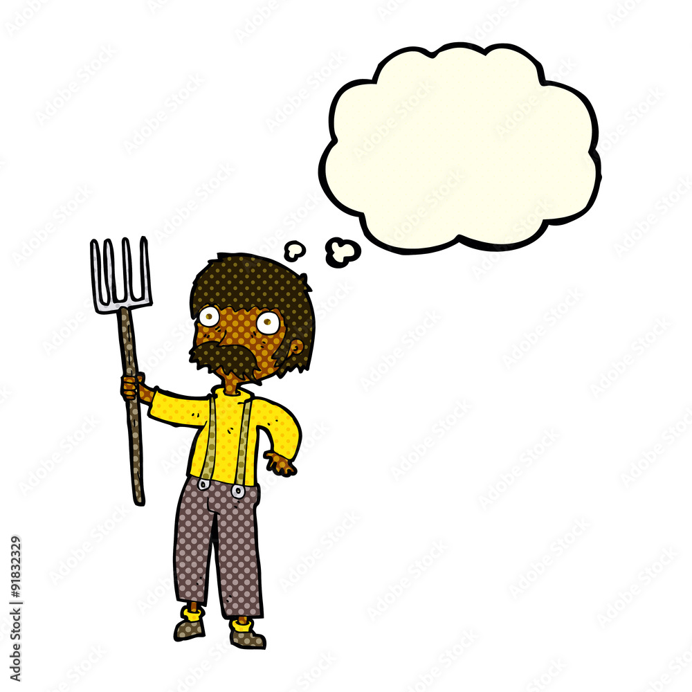 cartoon farmer with pitchfork with thought bubble cartoon farmer with pitchfork with thought bubble