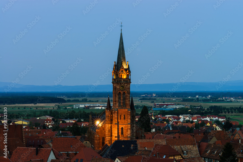 Beautiful moonrise over the church, Alsace