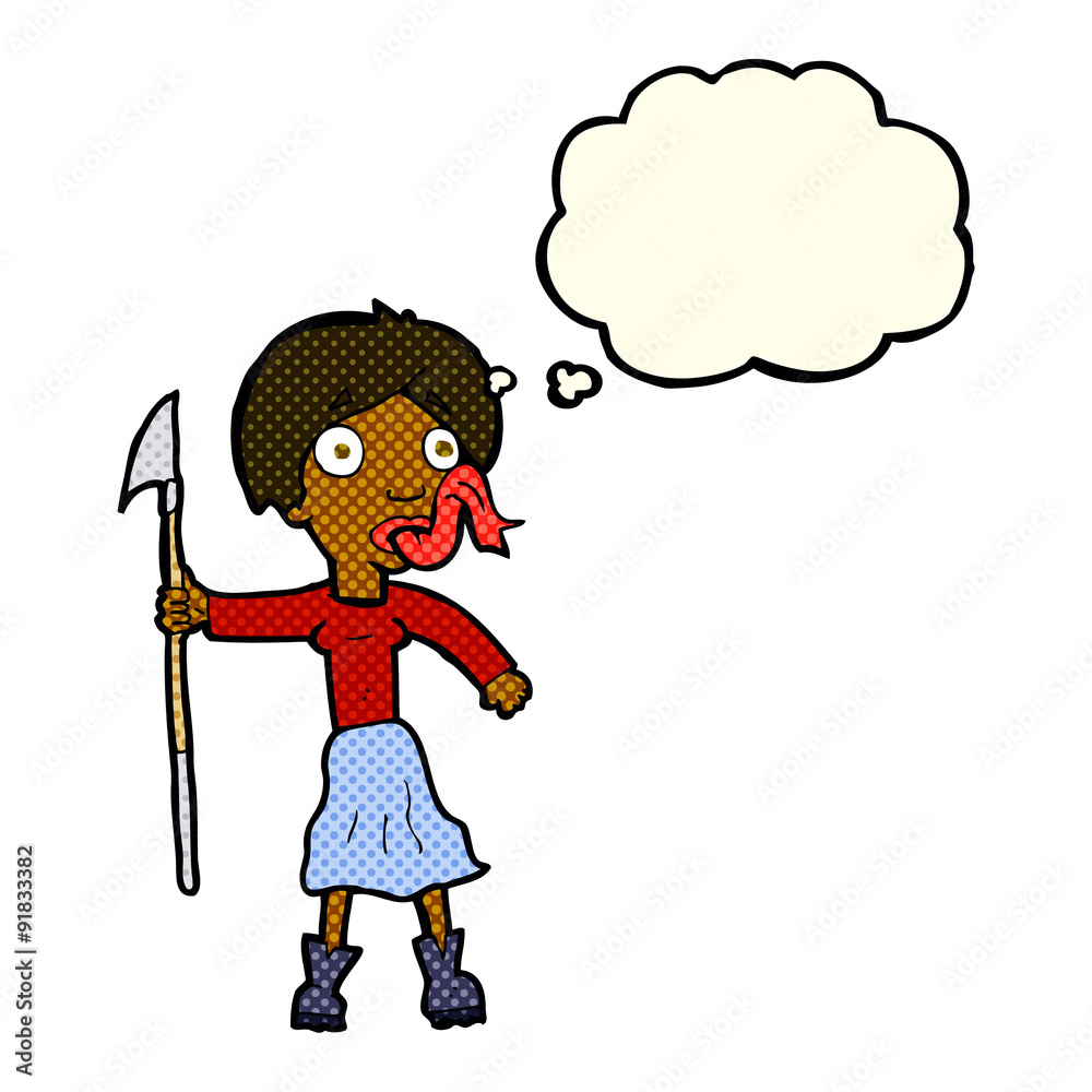 cartoon woman with spear sticking out tongue with thought bubble cartoon woman with spear sticking out tongue with thought bubble