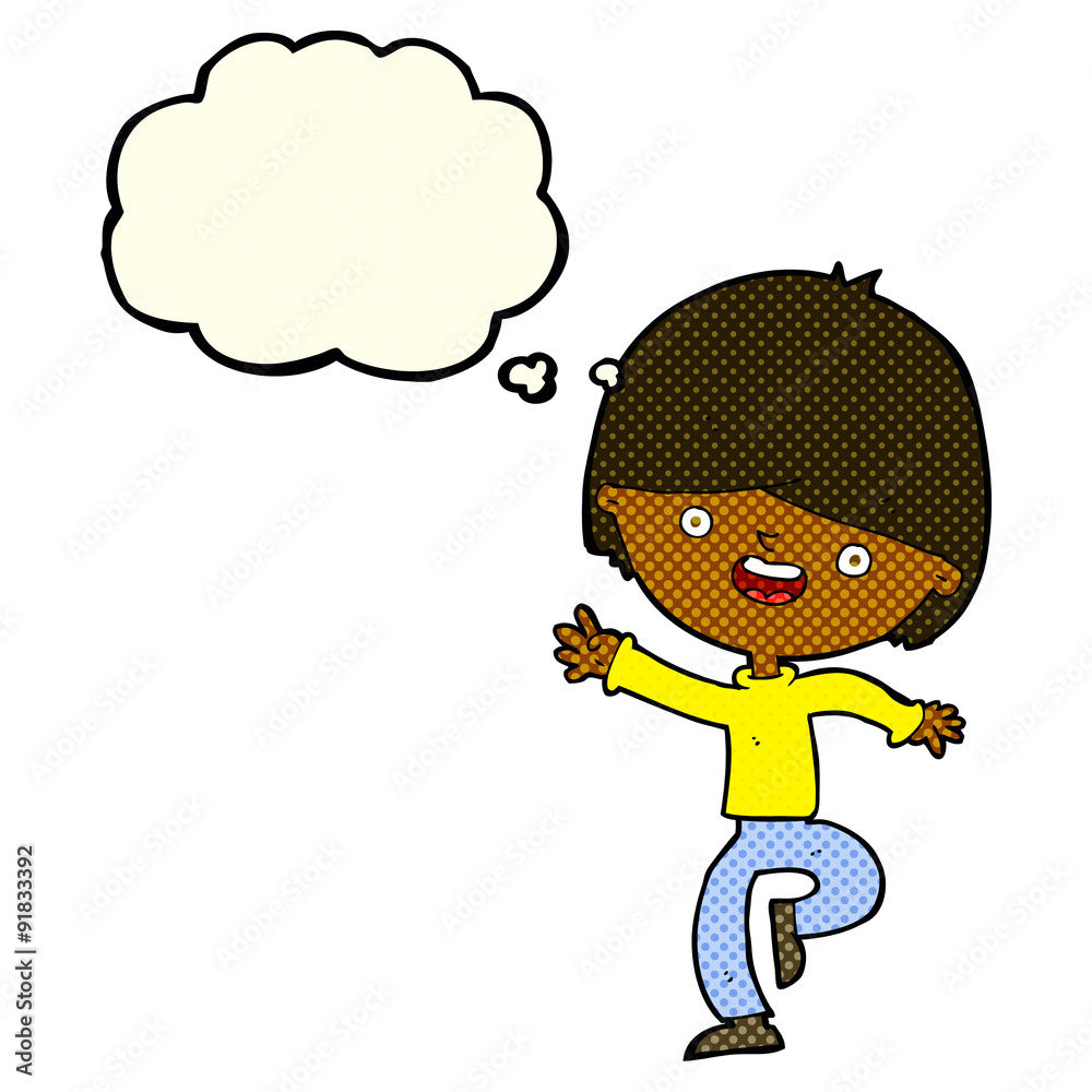 cartoon happy boy dancing with thought bubble