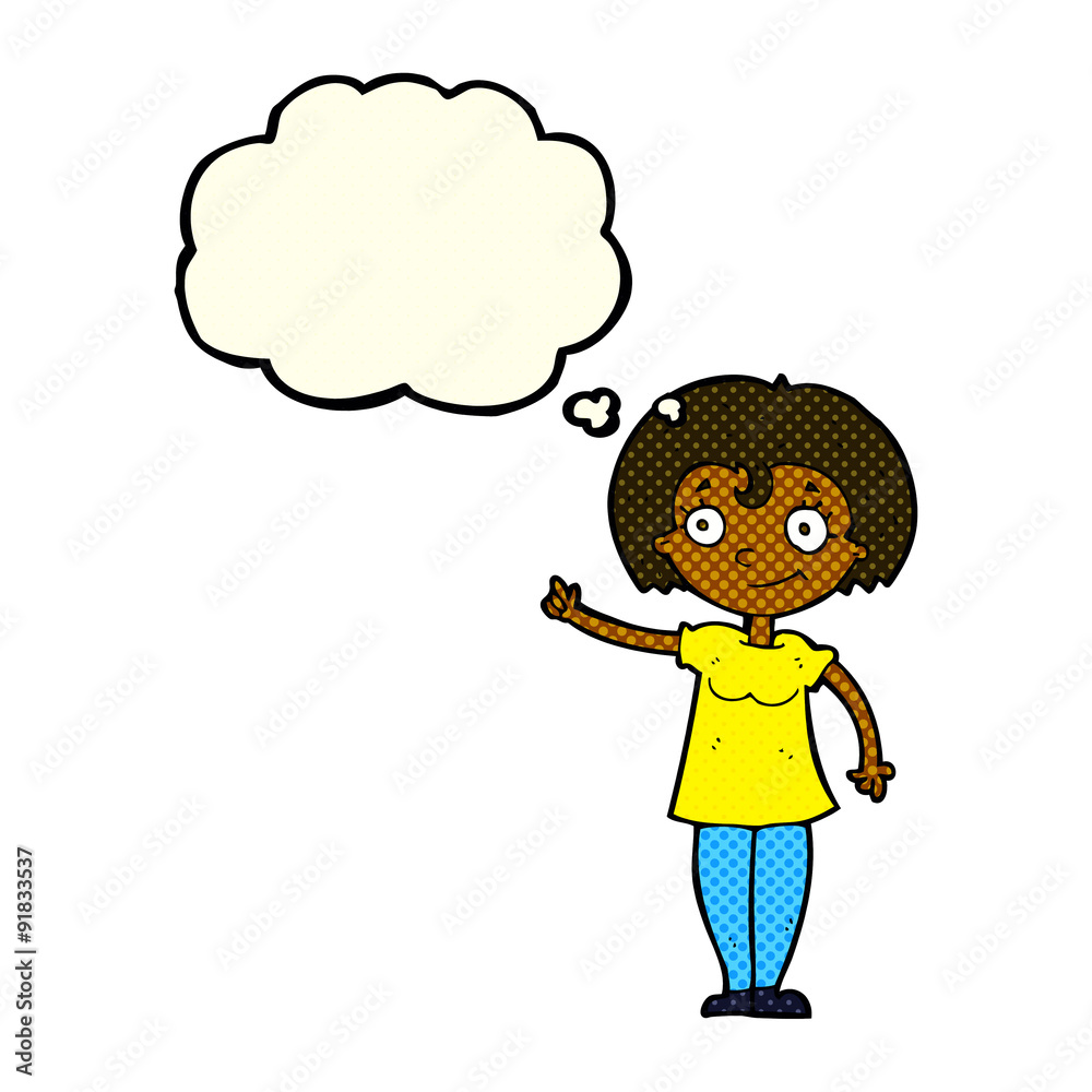 cartoon happy woman pointing with thought bubble cartoon happy woman pointing with thought bubble