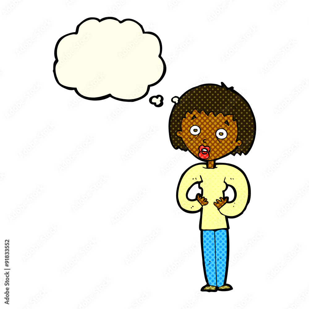 cartoon woman gesturing at self with thought bubble cartoon woman gesturing at self with thought bubble