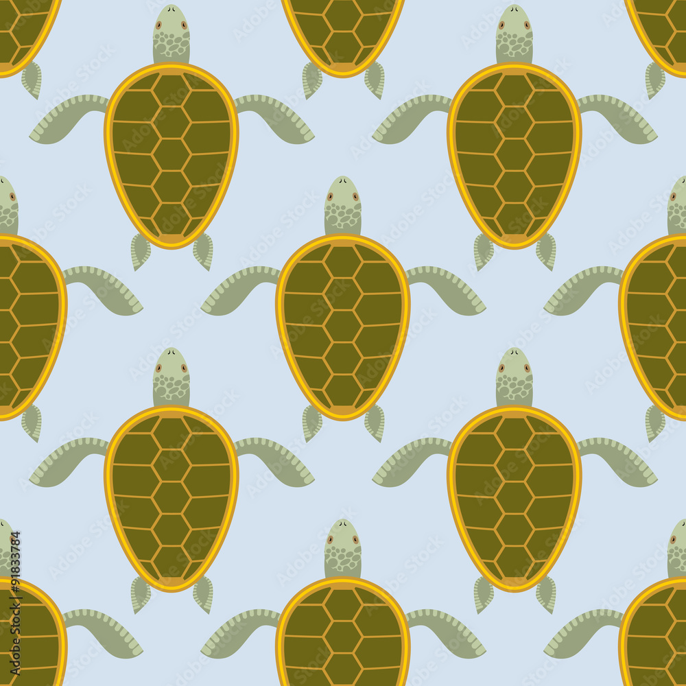 Fototapeta premium Flock of sea turtles. Water turtle seamless pattern. Vector back