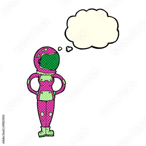 cartoon female astronaut with thought bubble