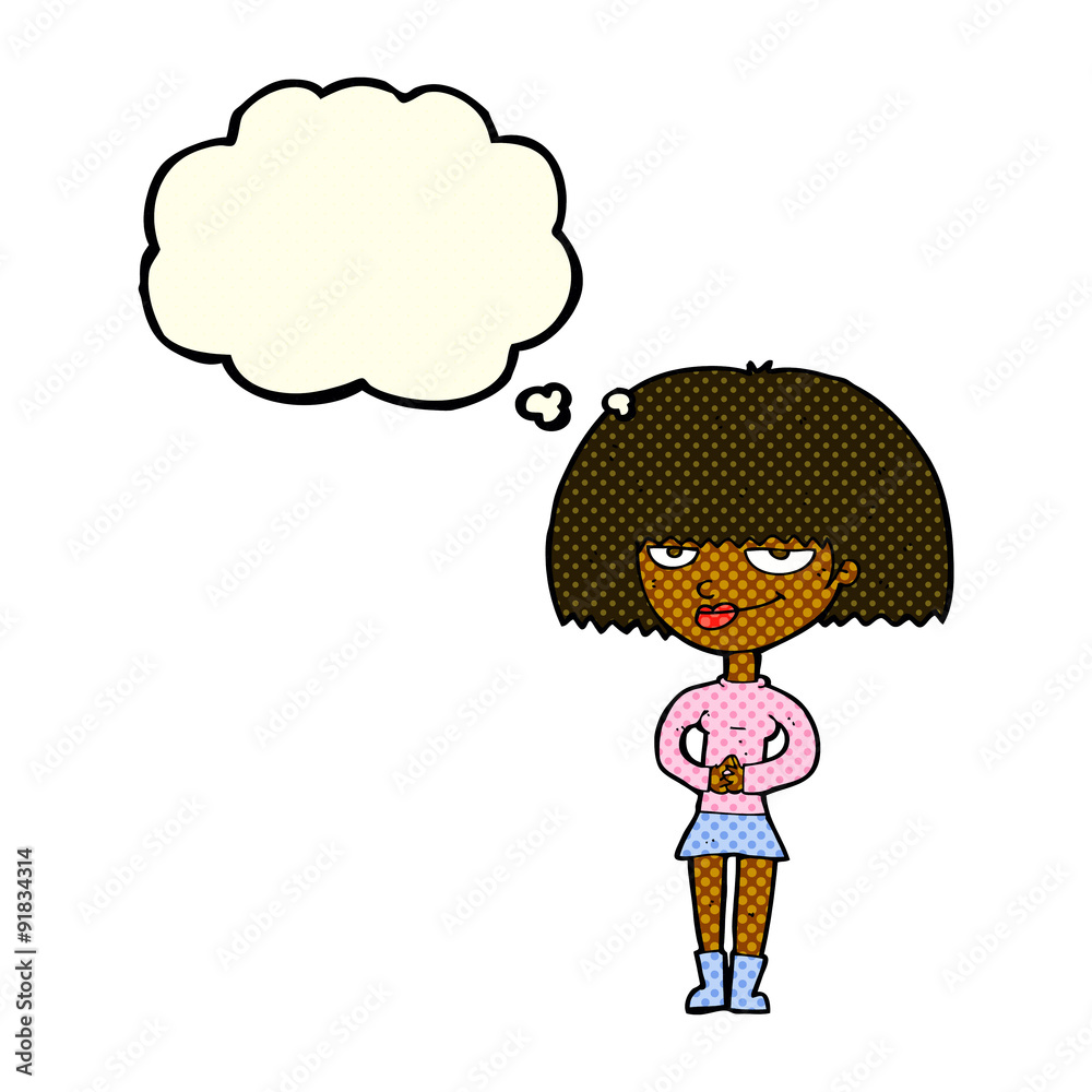 cartoon sly woman with thought bubble cartoon sly woman with thought bubble