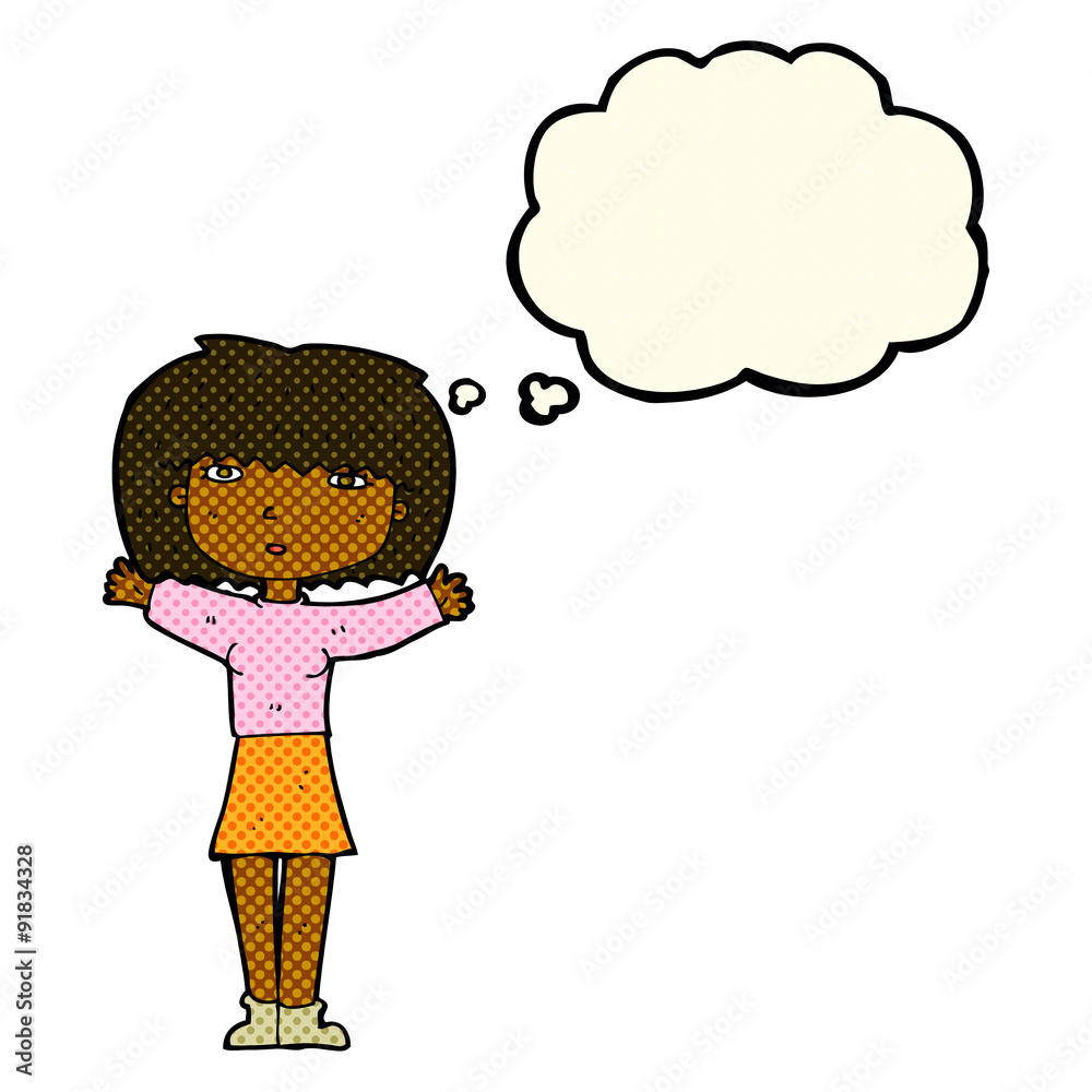 cartoon woman raising arms in air with thought bubble cartoon woman raising arms in air with thought bubble