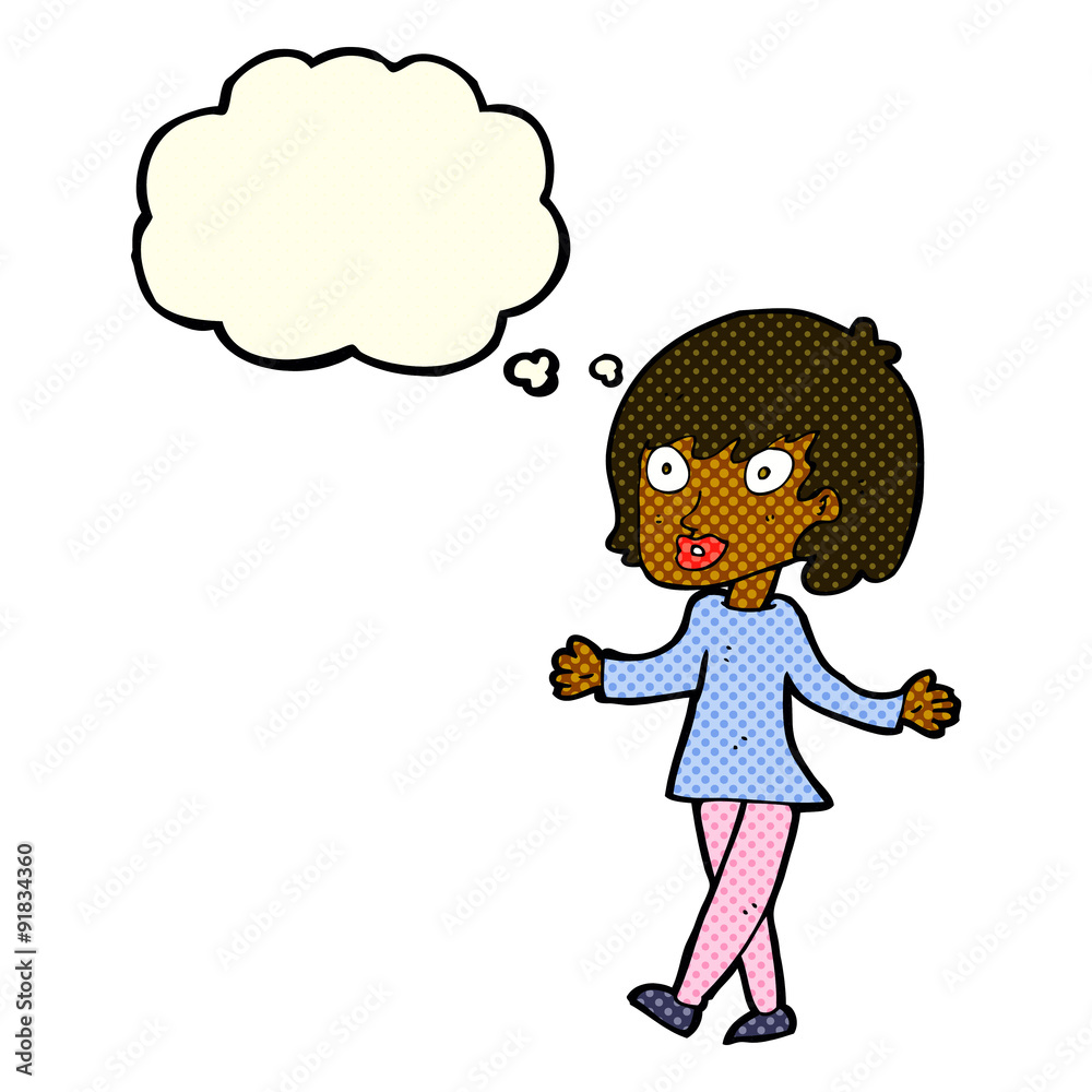 cartoon woman with open arms with thought bubble cartoon woman with open arms with thought bubble