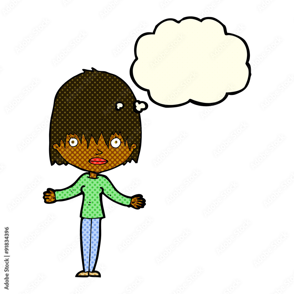 cartoon woman shrugging shoulders with thought bubble cartoon woman shrugging shoulders with thought bubble