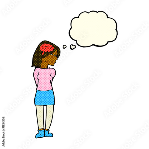 cartoon brainy woman with thought bubble