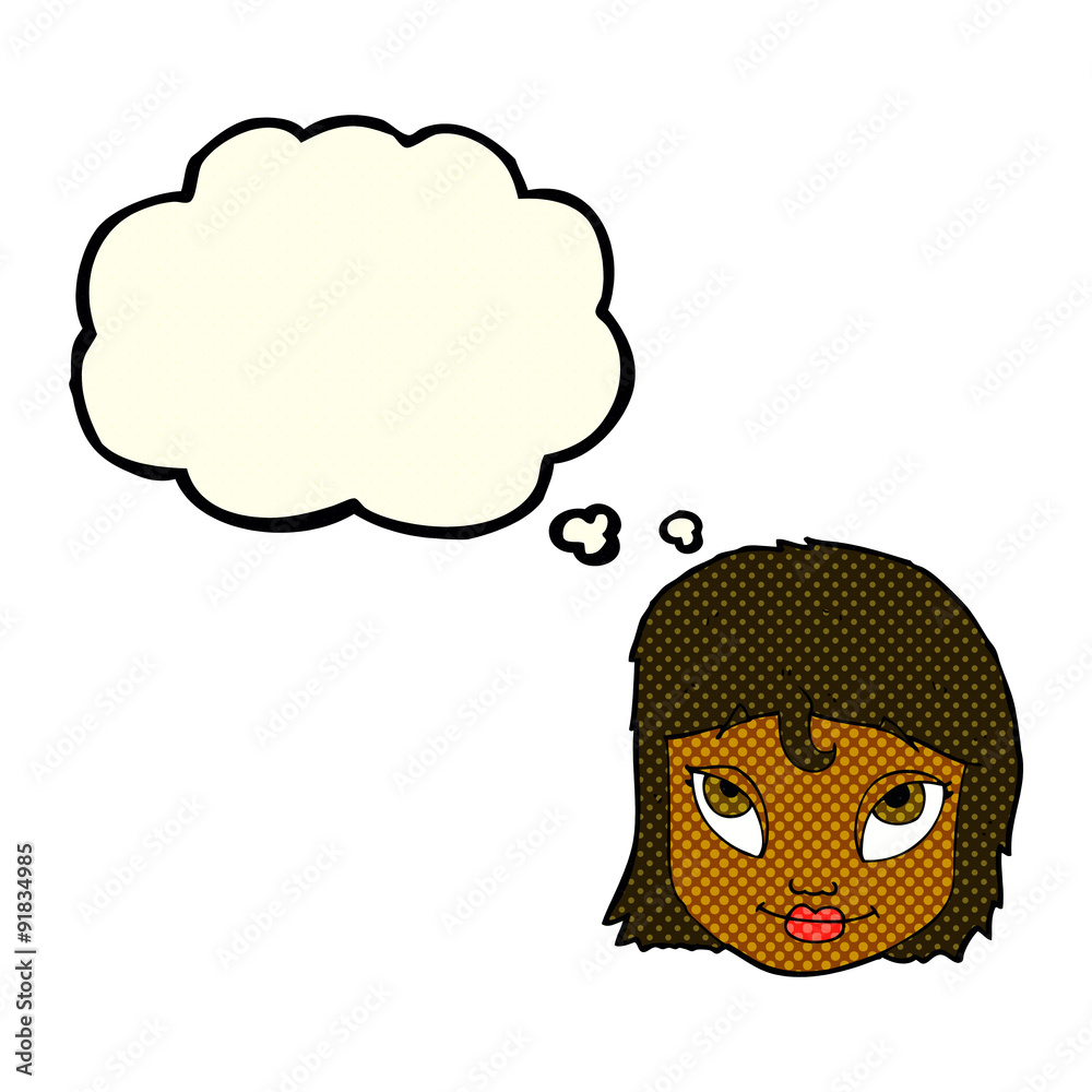 cartoon woman smiling with thought bubble cartoon woman smiling with thought bubble