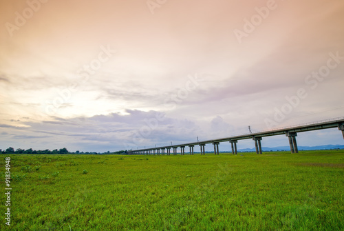 Bridge of railway cross grass field meadow