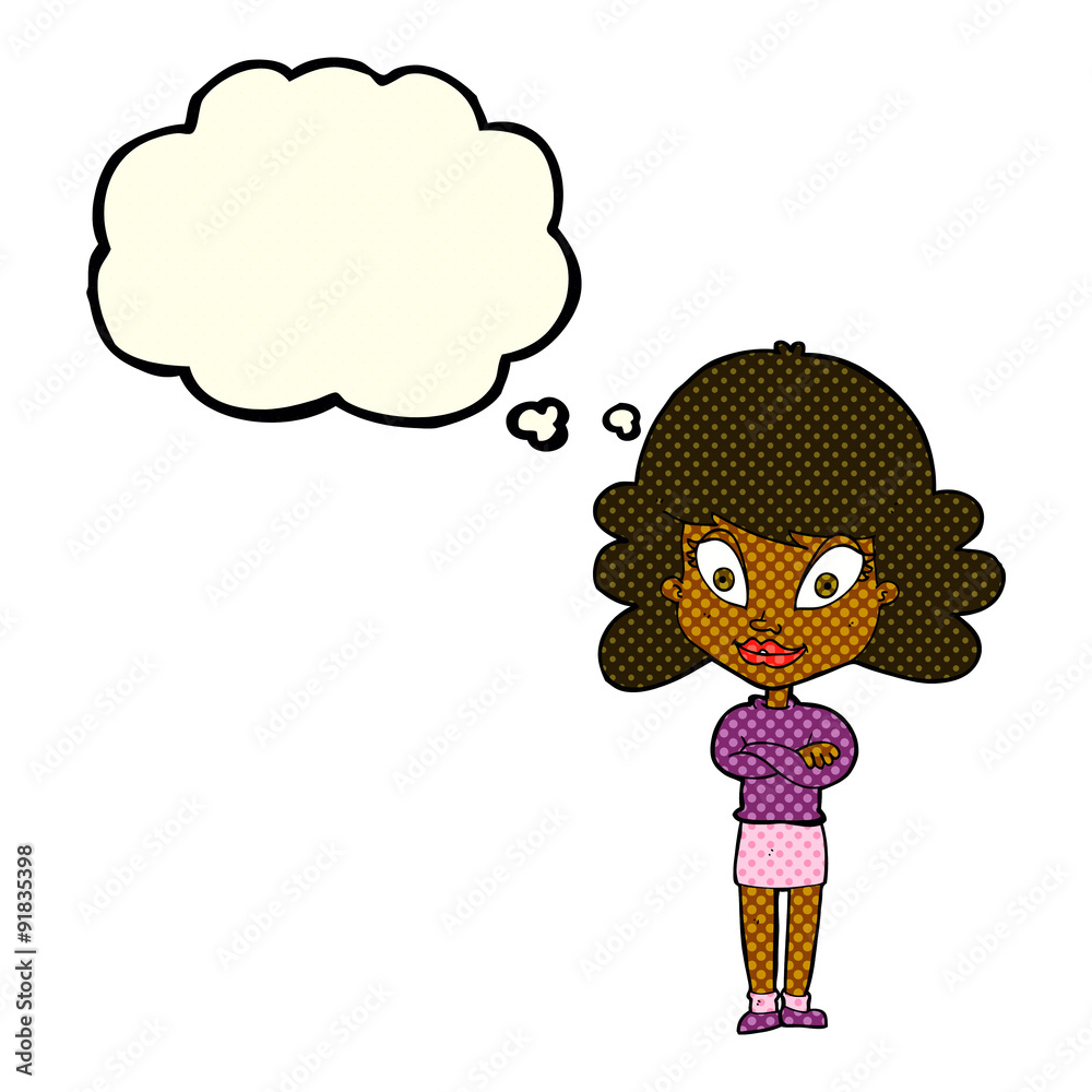 Fototapeta premium cartoon happy woman with folded arms with thought bubble