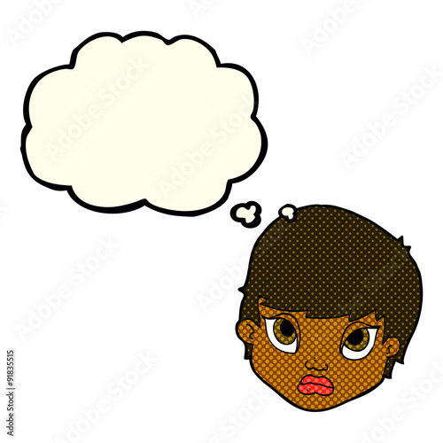 cartoon sulking woman with thought bubble