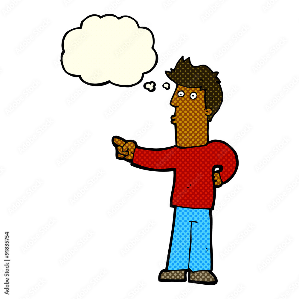 cartoon curious man pointing with thought bubble cartoon curious man pointing with thought bubble