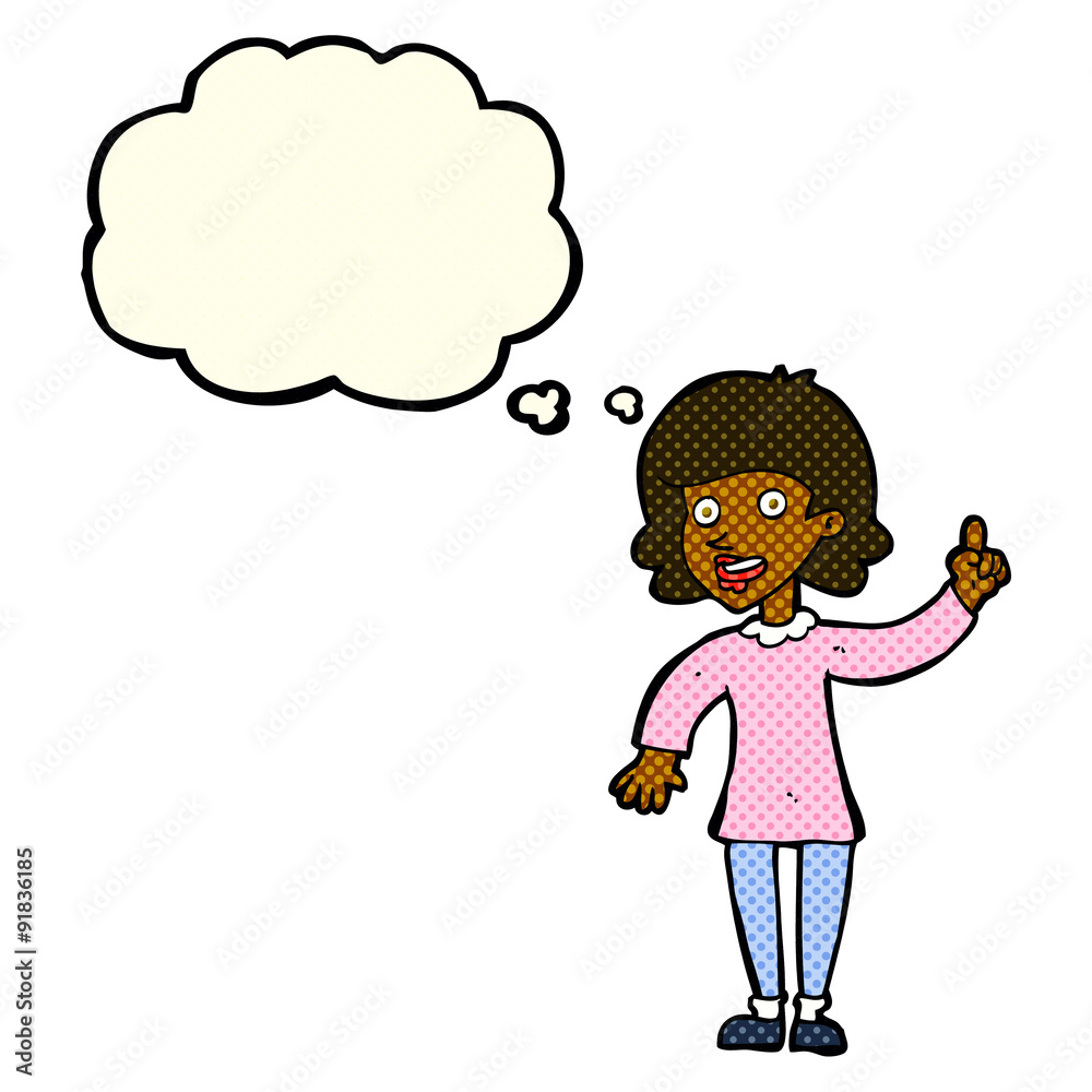 cartoon woman with idea with thought bubble cartoon woman with idea with thought bubble
