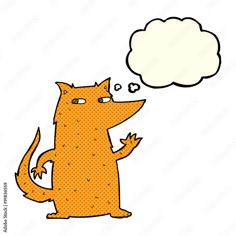 cartoon fox waving with thought bubble
