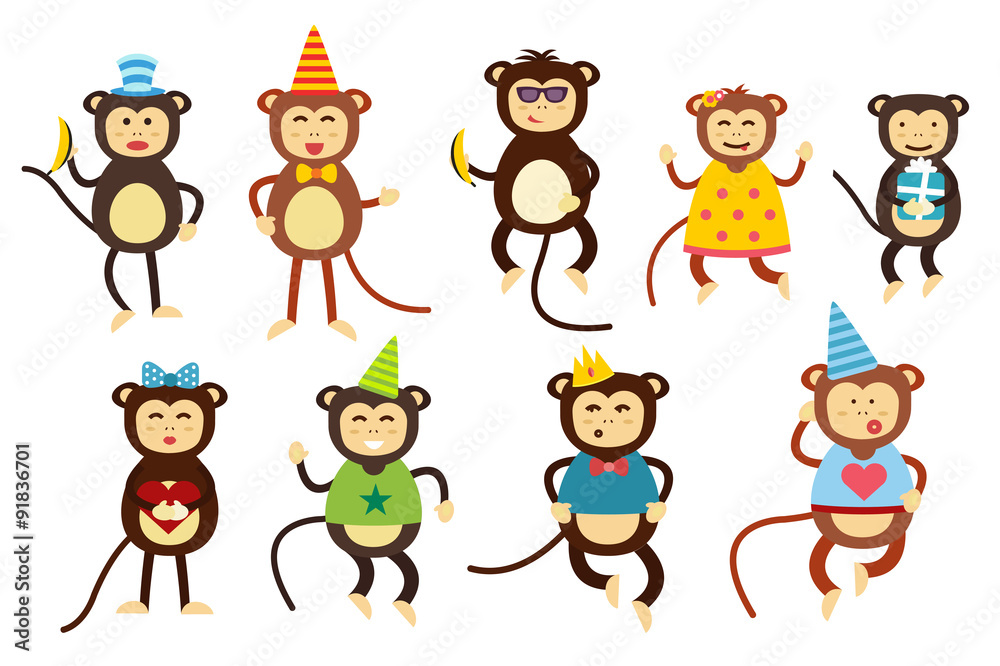 Obraz premium Happy cartoon vector monkey dancing party birthday background