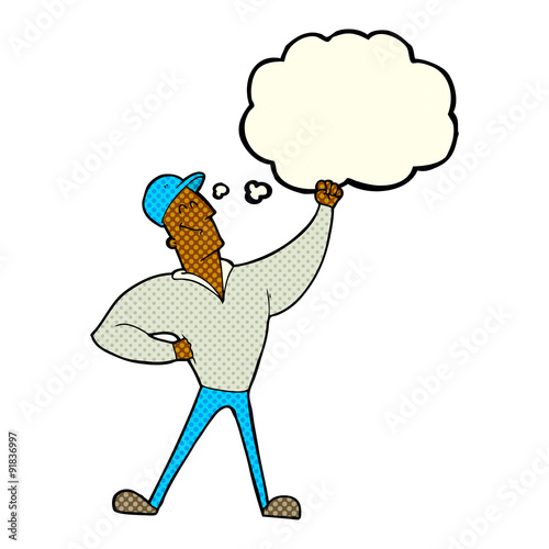 cartoon man striking heroic pose with thought bubble