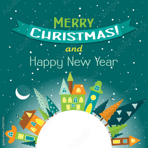 Template Christmas greeting card with a tree and house, vector