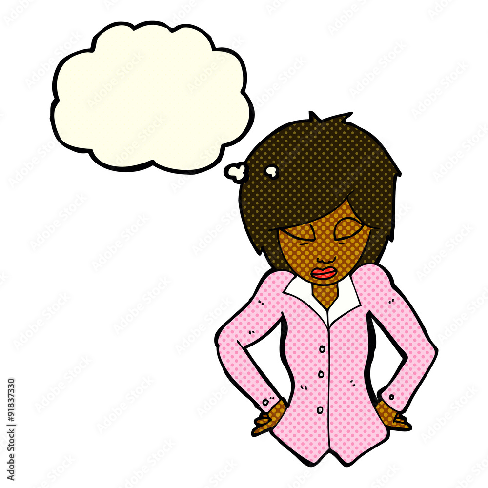 cartoon woman with hands on hips with thought bubble