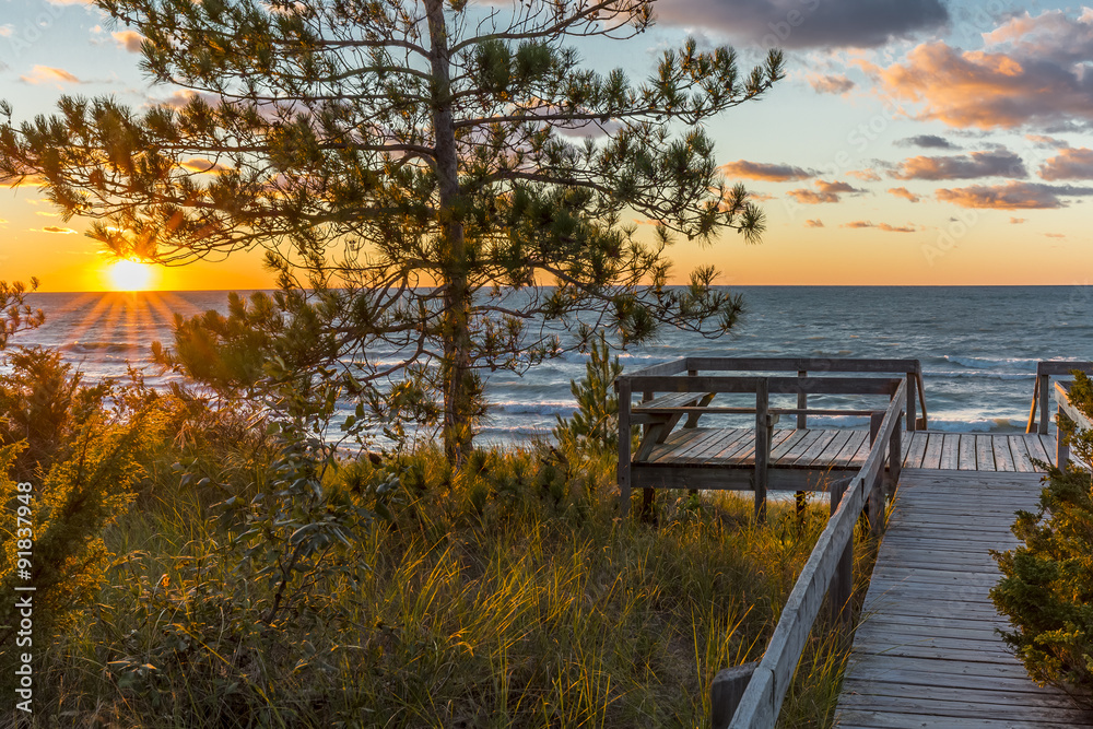 Wooden Deck Overlooking a Lake Huron Sunset - Pinery Provincial Park, Ontario, Canada