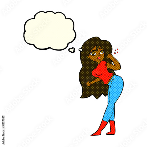 cartoon woman raising fist with thought bubble
