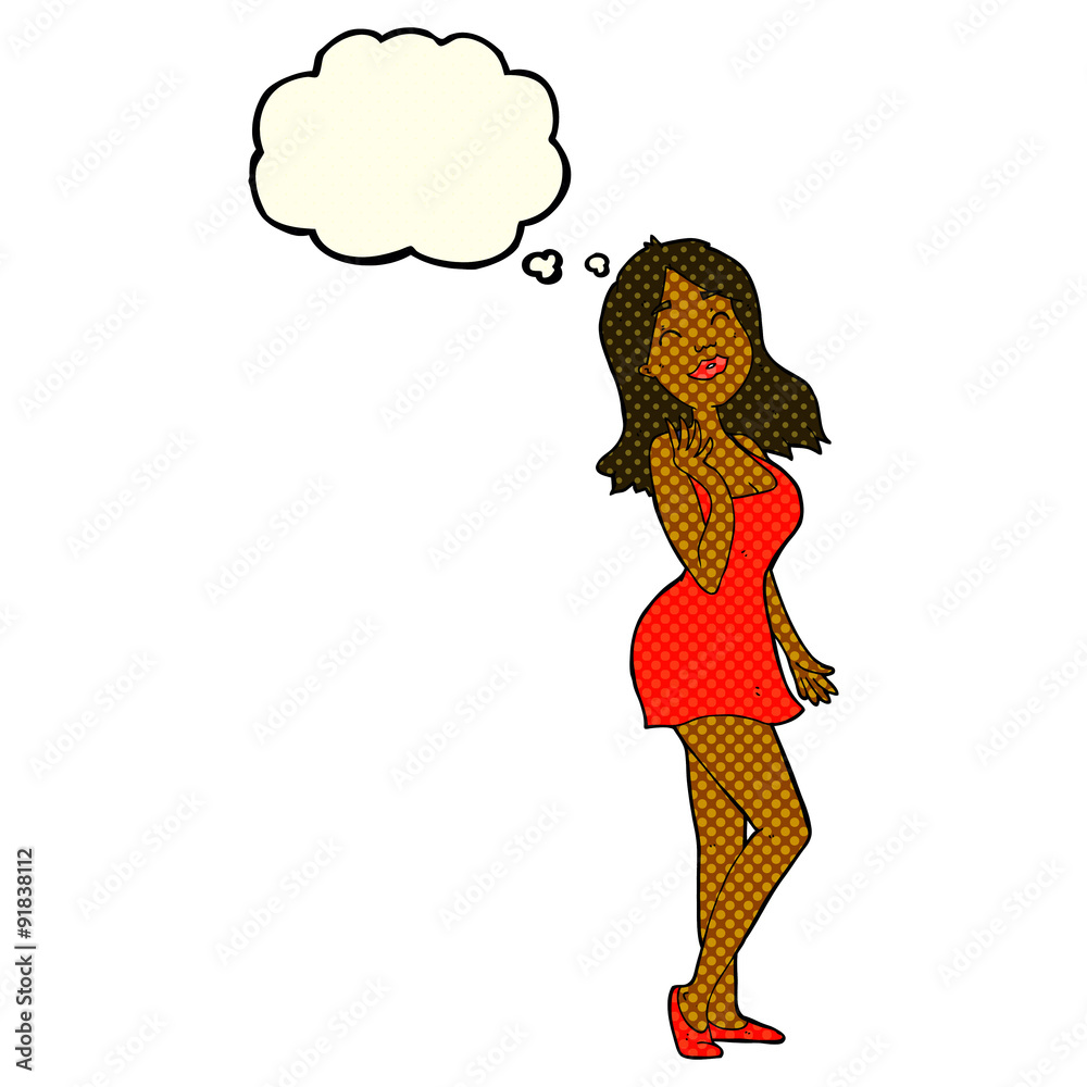 cartoon pretty woman in cocktail dress with thought bubble cartoon pretty woman in cocktail dress with thought bubble