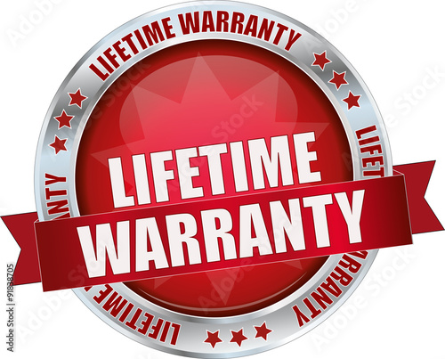 LIFETIME WARRANTY / realistic modern round glossy 3D vector eps10 button ( icon / badge / tag ) in dark red with metallic border and a red banderole